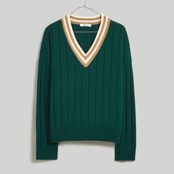 NWT Madewell Tipped V-Neck Oversized Sweater, Utopian Pine Green, Size Small - Picture 2 of 5